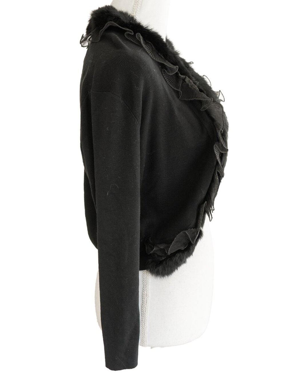 Vintage Y2k Cardigan Black Silk Blend Ruffle Fur Detail Cropped Half Sleeve Knit - Picture 4 of 9